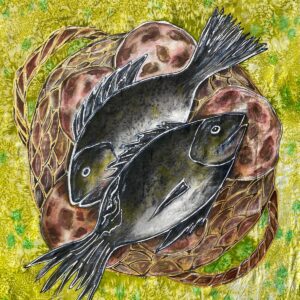 Two Fish and Five Loaves, hand-painted silk, Size 28' x 28'