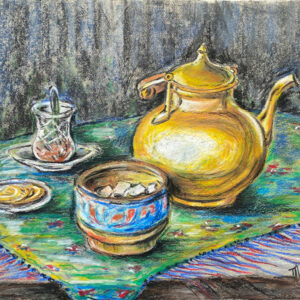 Azerbaijani style tea with a gold teapot. Still life. 19’x26’;